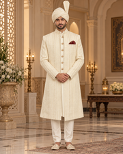 Luxury Ivory Handmade Groom Sherwani Full Set with Kullah & Khussa