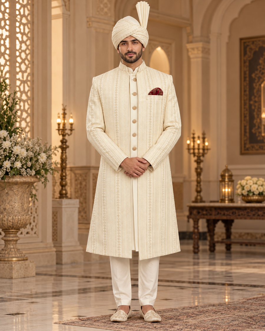 Luxury Ivory Handmade Groom Sherwani Full Set with Kullah & Khussa