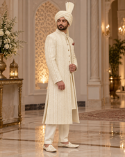 Luxury Ivory Handmade Groom Sherwani Full Set with Kullah & Khussa