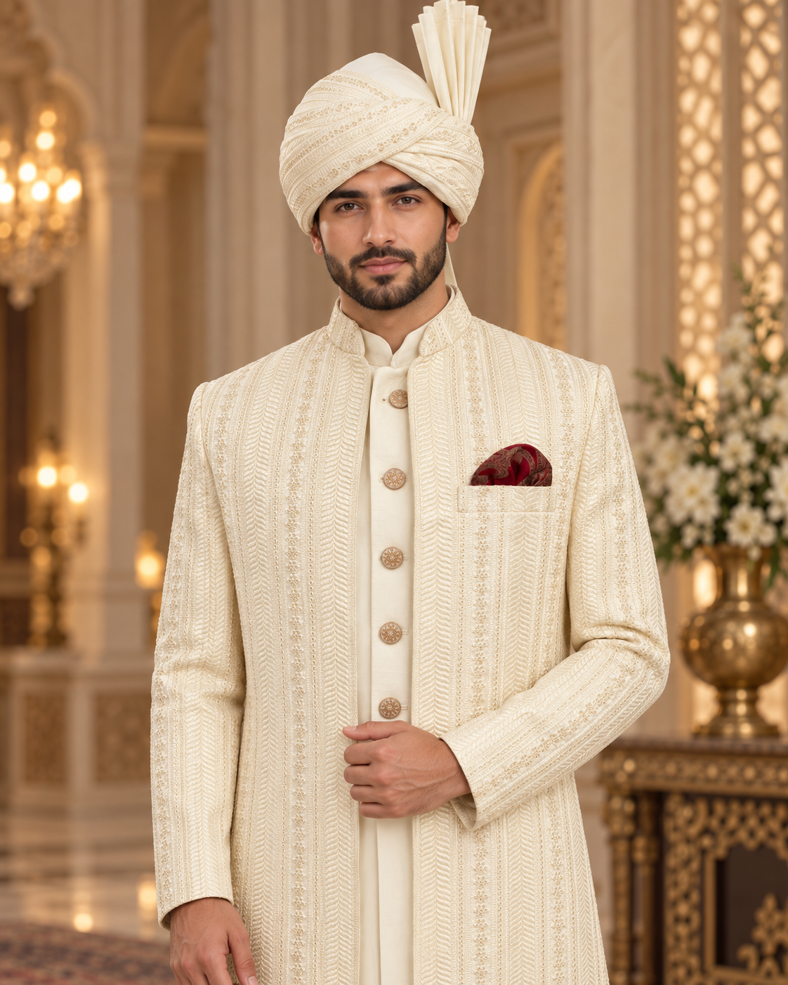 Luxury Ivory Handmade Groom Sherwani Full Set with Kullah & Khussa