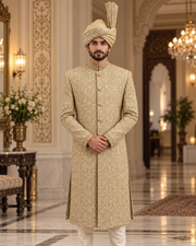Luxury Gold Handmade Groom Sherwani Full Set with Kullah & Khussa