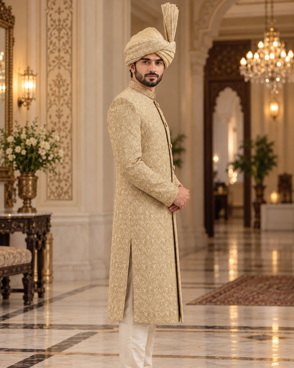 Luxury Gold Handmade Groom Sherwani Full Set with Kullah & Khussa