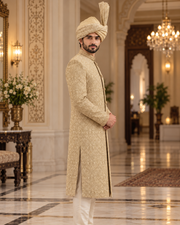 Luxury Gold Handmade Groom Sherwani Full Set with Kullah & Khussa