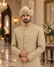 Luxury Gold Handmade Groom Sherwani Full Set with Kullah & Khussa
