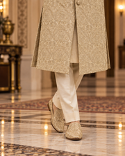 Luxury Gold Handmade Groom Sherwani Full Set with Kullah & Khussa
