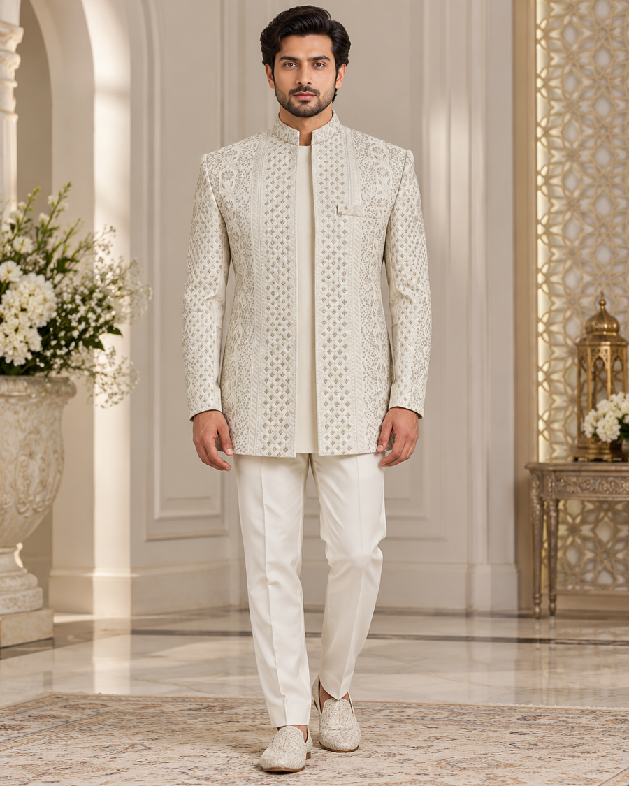 Luxury Ivory Embroidered Prince Coat for Men