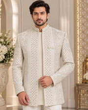 Luxury Ivory Embroidered Prince Coat for Men