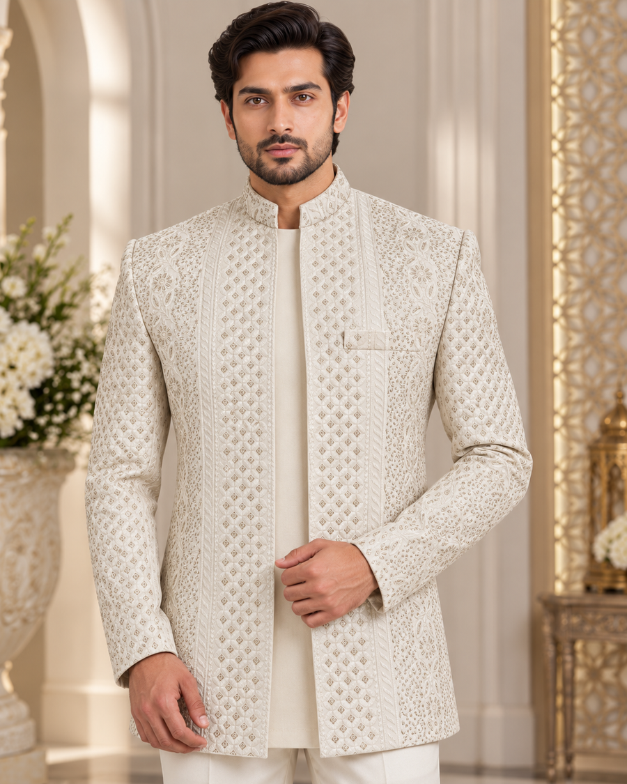 Luxury Ivory Embroidered Prince Coat for Men