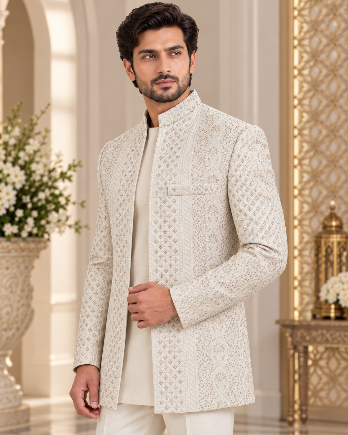 Luxury Ivory Embroidered Prince Coat for Men