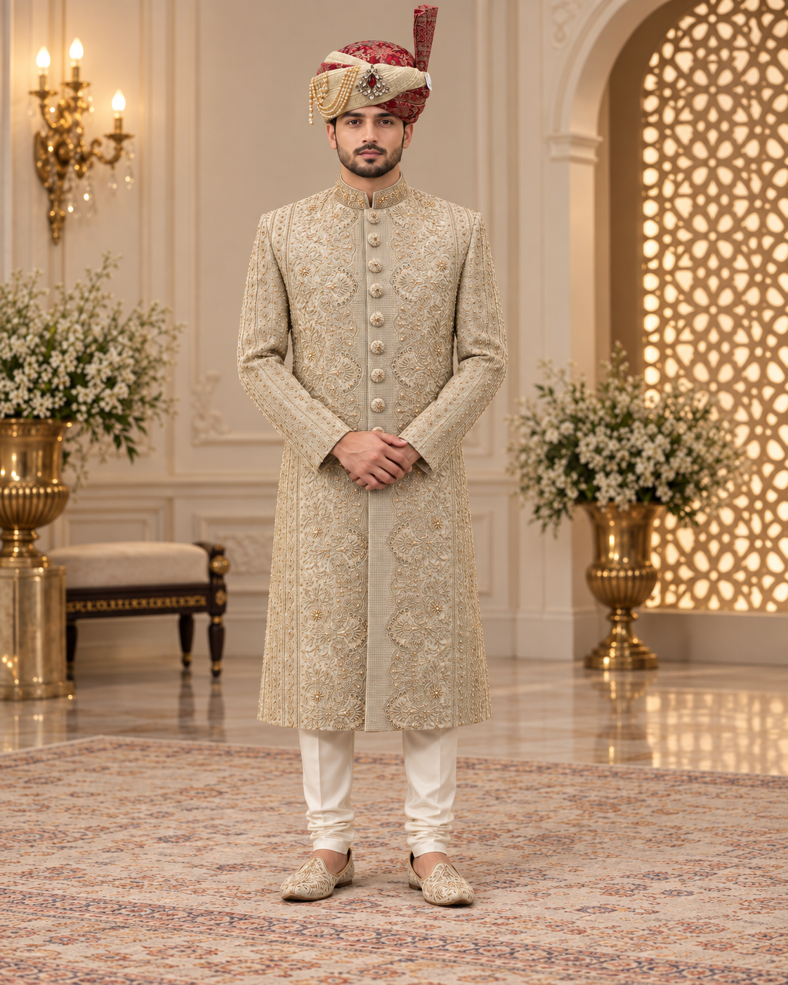 Luxury Handmade Groom Sherwani Full Set – Kullah, Inner Suit & Khussa