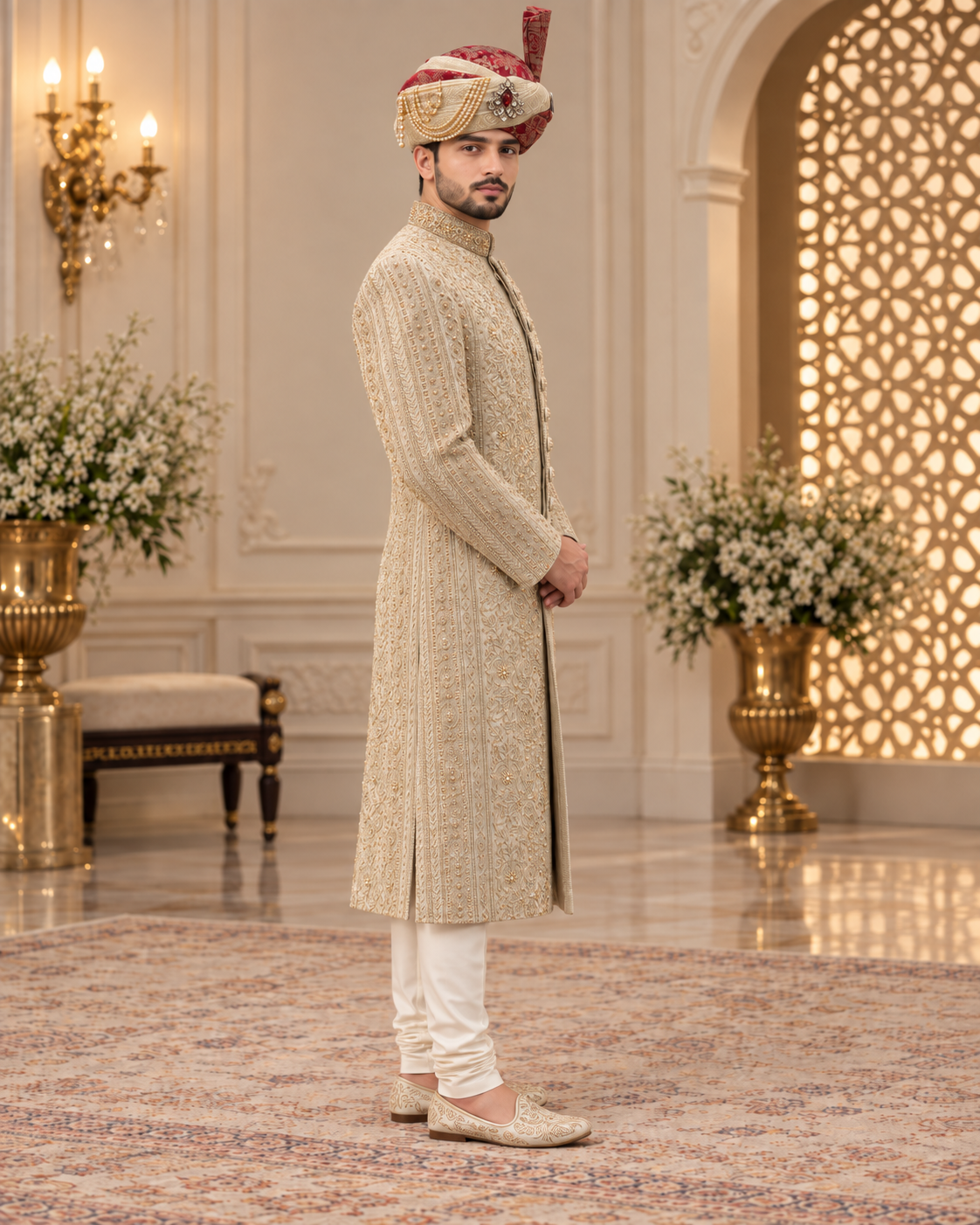 Luxury Handmade Groom Sherwani Full Set – Kullah, Inner Suit & Khussa