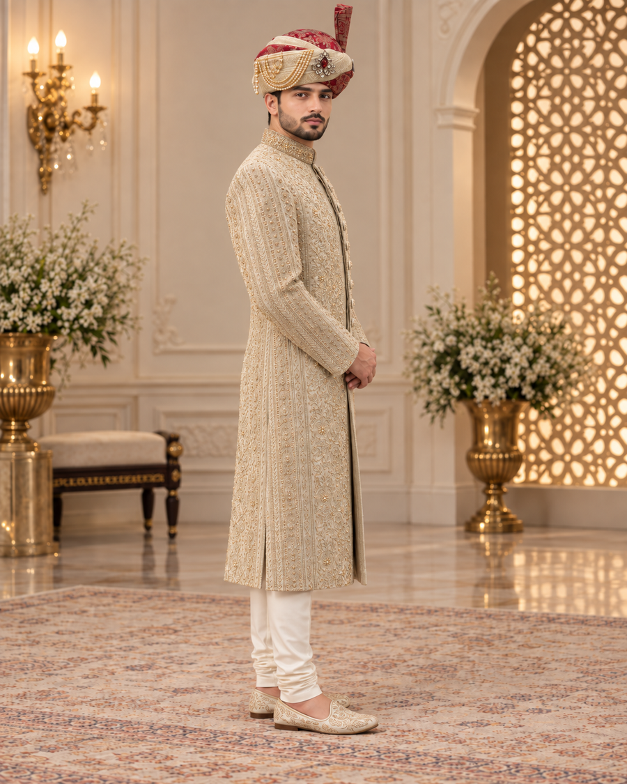 Luxury Handmade Groom Sherwani Full Set – Kullah, Inner Suit & Khussa