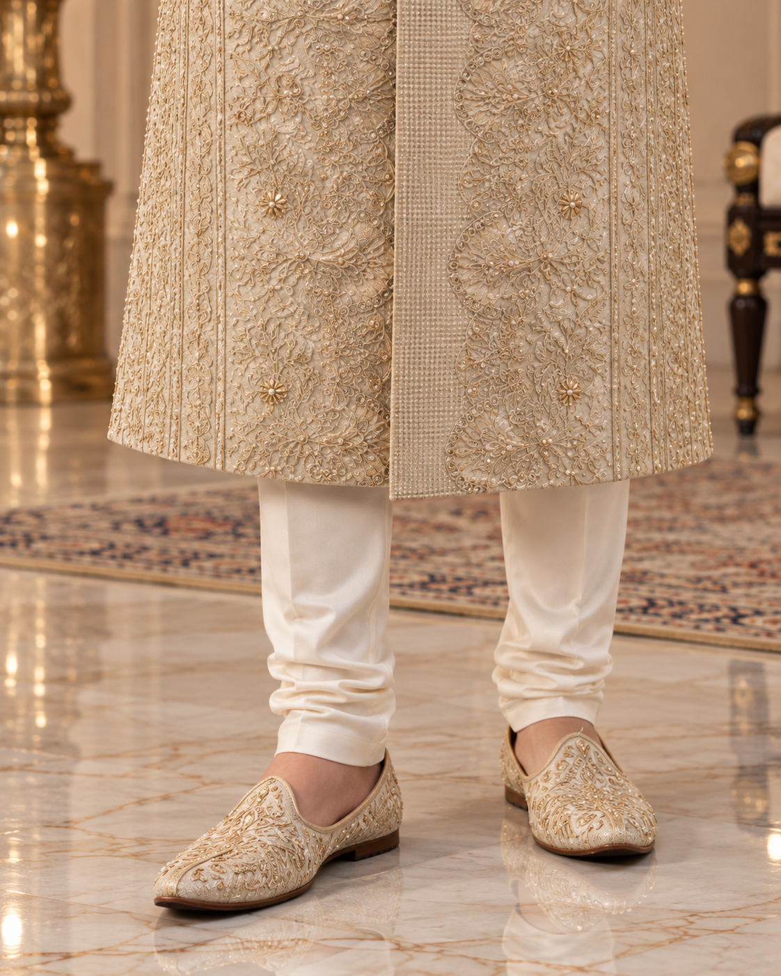 Luxury Handmade Groom Sherwani Full Set – Kullah, Inner Suit & Khussa