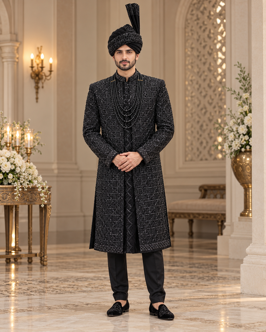 Luxury Black Handmade Groom Sherwani Full Set with Kullah & Khussa