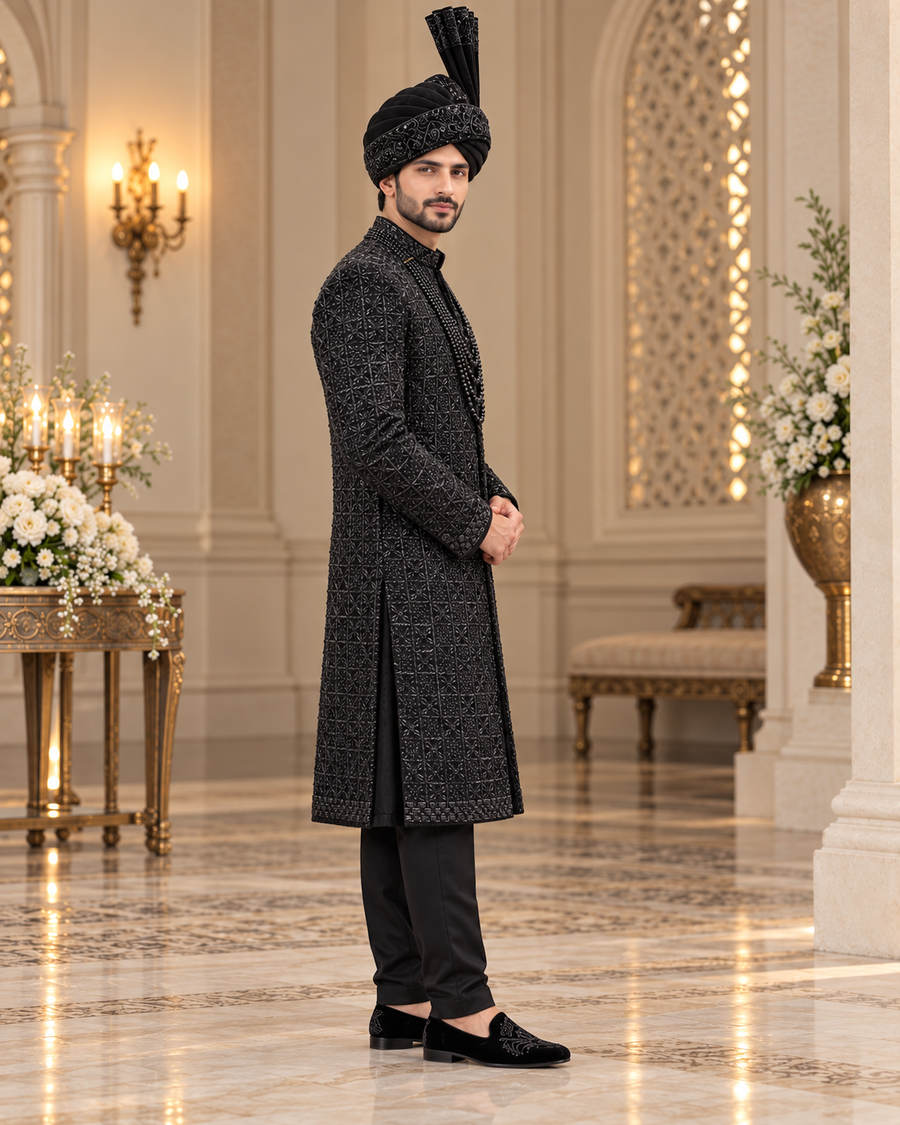 Luxury Black Handmade Groom Sherwani Full Set with Kullah & Khussa