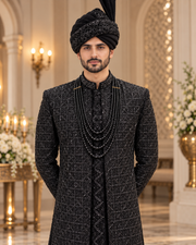 Luxury Black Handmade Groom Sherwani Full Set with Kullah & Khussa