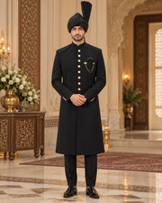 Premium Plain Black Groom Sherwani Full Set with Kullah & Khussa