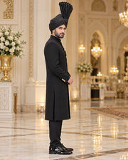 Premium Plain Black Groom Sherwani Full Set with Kullah & Khussa