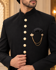 Premium Plain Black Groom Sherwani Full Set with Kullah & Khussa