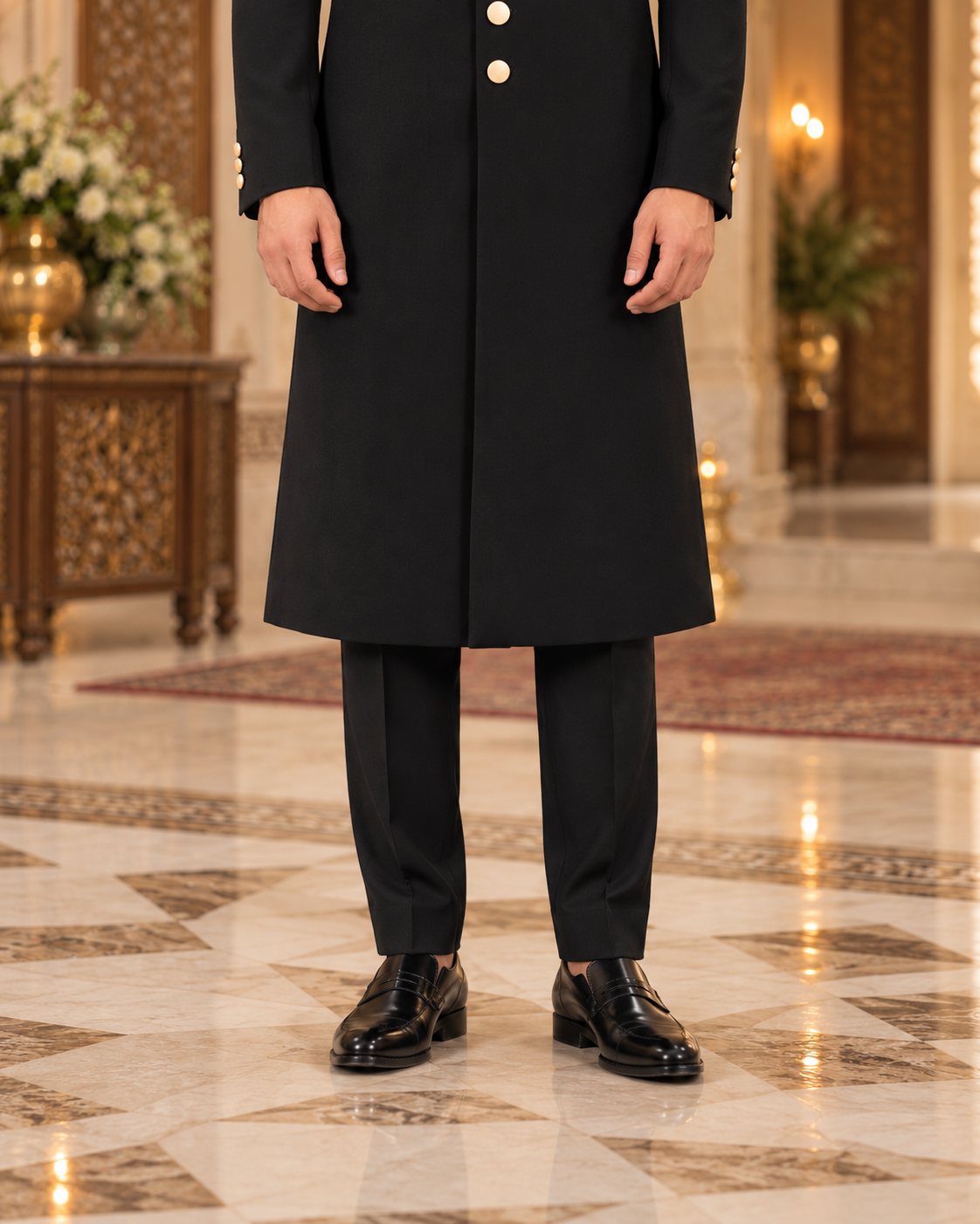 Premium Plain Black Groom Sherwani Full Set with Kullah & Khussa