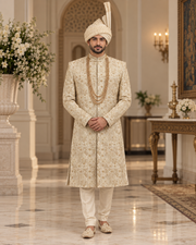 Luxury Ivory Embroidered Groom Sherwani Full Set with Kullah & Khussa