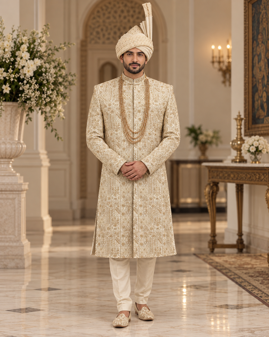 Luxury Ivory Embroidered Groom Sherwani Full Set with Kullah & Khussa