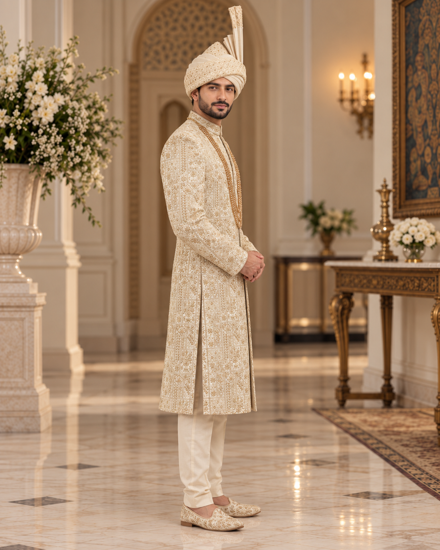 Luxury Ivory Embroidered Groom Sherwani Full Set with Kullah & Khussa