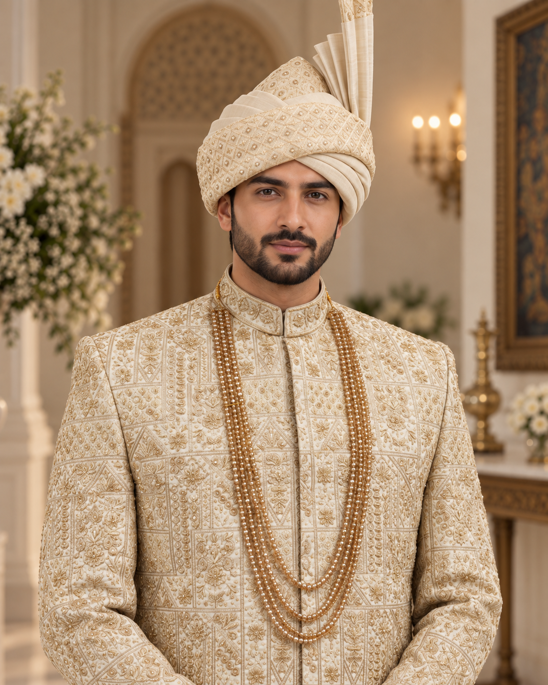 Luxury Ivory Embroidered Groom Sherwani Full Set with Kullah & Khussa