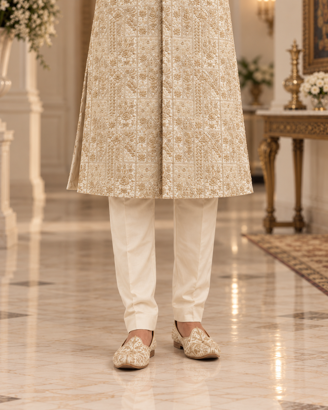 Luxury Ivory Embroidered Groom Sherwani Full Set with Kullah & Khussa
