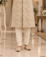 Luxury Ivory Embroidered Groom Sherwani Full Set with Kullah & Khussa