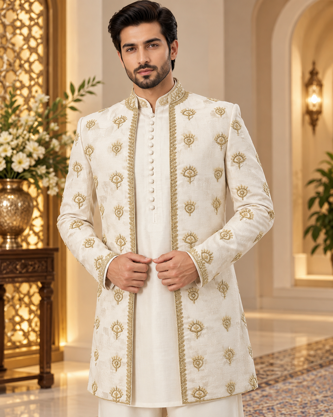 Luxury Ivory & Gold Embroidered Prince Coat Full Set with Shalwar Kameez
