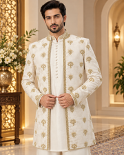 Luxury Ivory & Gold Embroidered Prince Coat Full Set with Shalwar Kameez