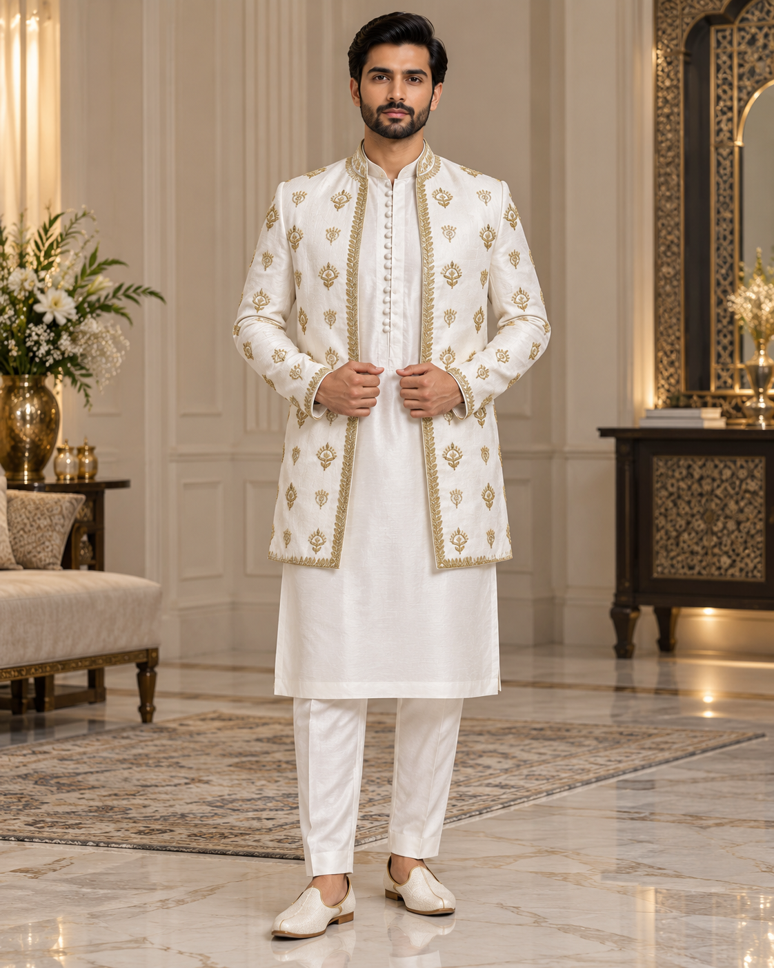 Luxury Ivory & Gold Embroidered Prince Coat Full Set with Shalwar Kameez