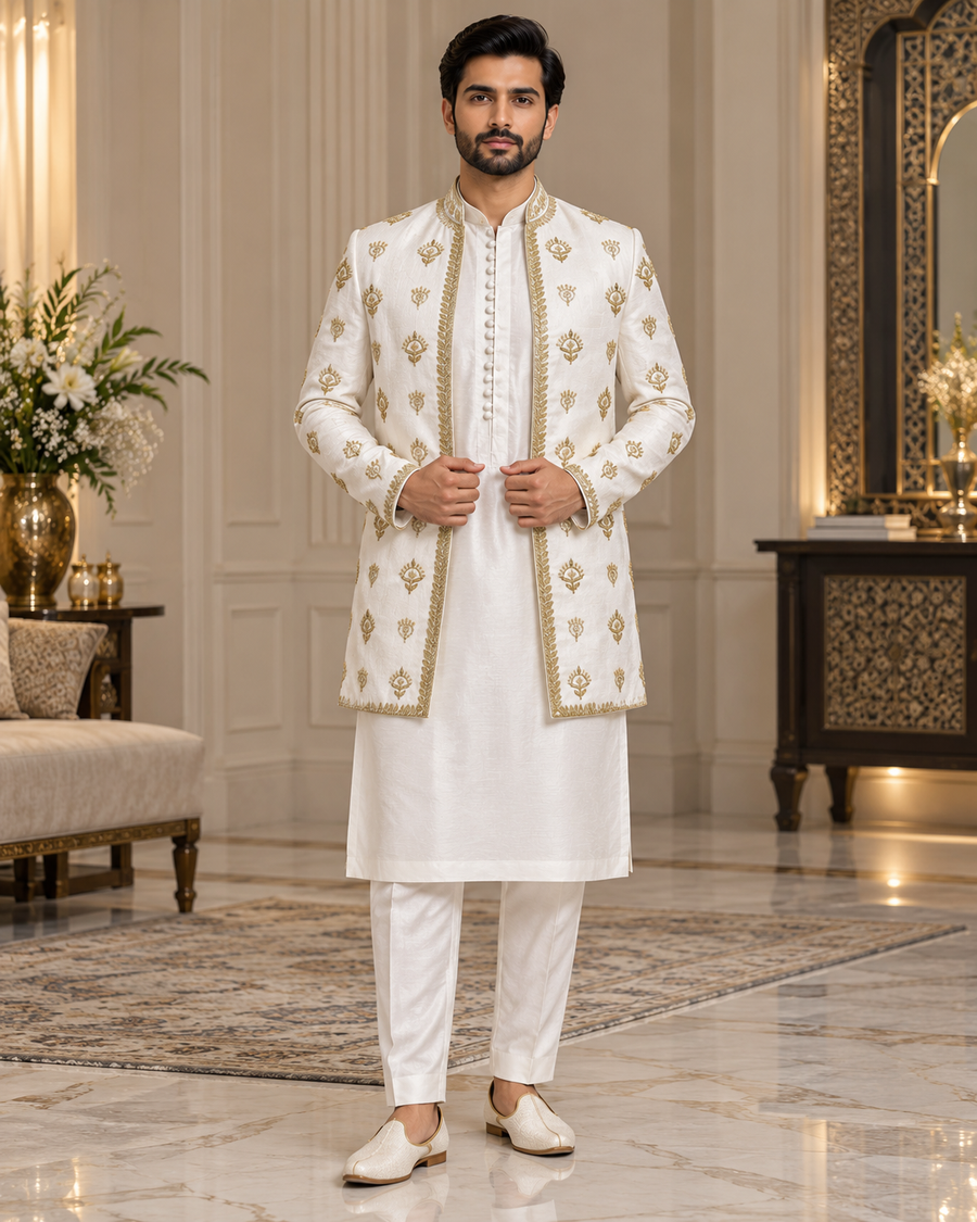 Luxury Ivory & Gold Embroidered Prince Coat Full Set with Shalwar Kameez
