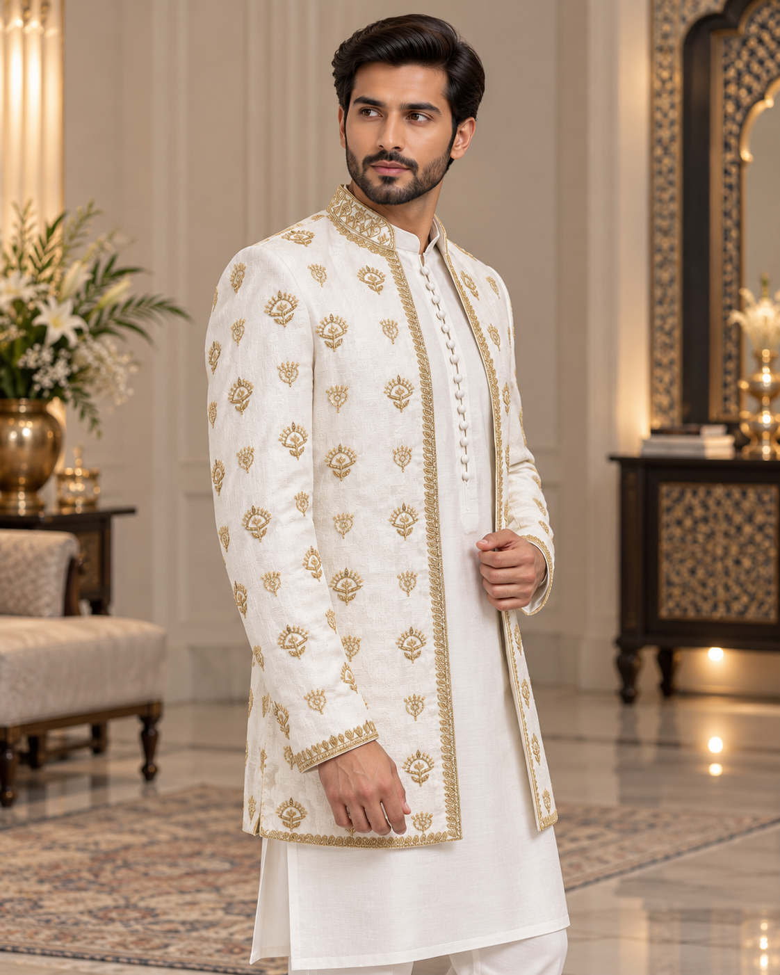 Luxury Ivory & Gold Embroidered Prince Coat Full Set with Shalwar Kameez