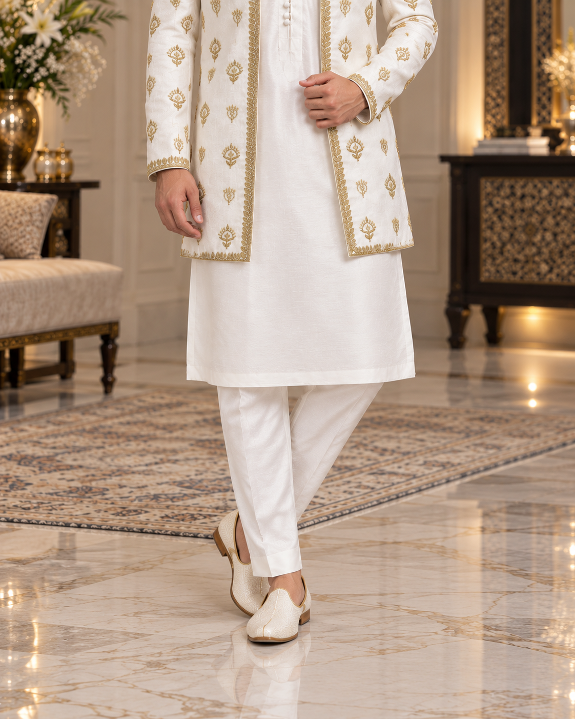 Luxury Ivory & Gold Embroidered Prince Coat Full Set with Shalwar Kameez