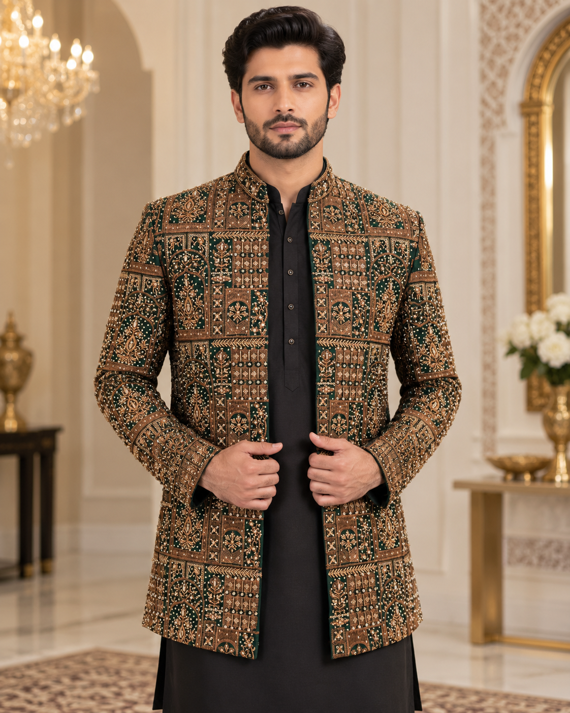 Luxury Dark Green & Gold Embroidered Prince Coat for Men