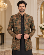 Luxury Dark Green & Gold Embroidered Prince Coat for Men