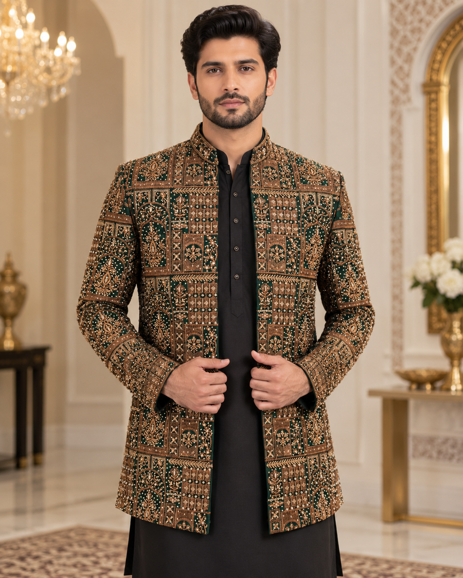 Luxury Dark Green & Gold Embroidered Prince Coat for Men