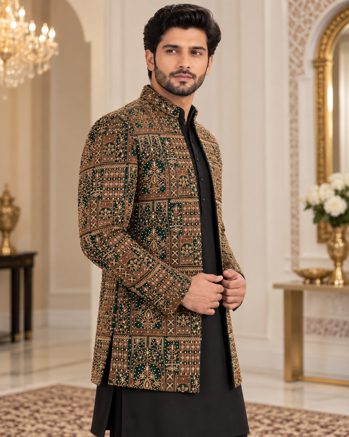 Luxury Dark Green & Gold Embroidered Prince Coat for Men