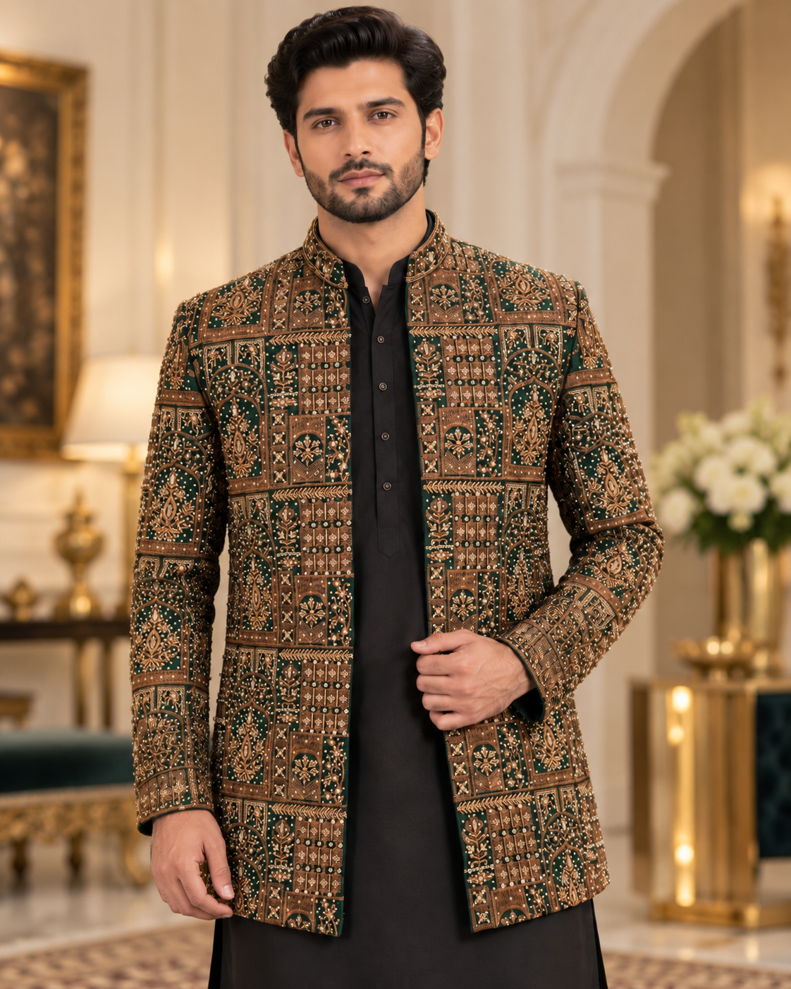 Luxury Dark Green & Gold Embroidered Prince Coat for Men