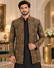 Luxury Dark Green & Gold Embroidered Prince Coat for Men