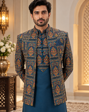 Luxury Blue Embroidered Prince Coat Full Set with Shalwar Kameez & Shoes