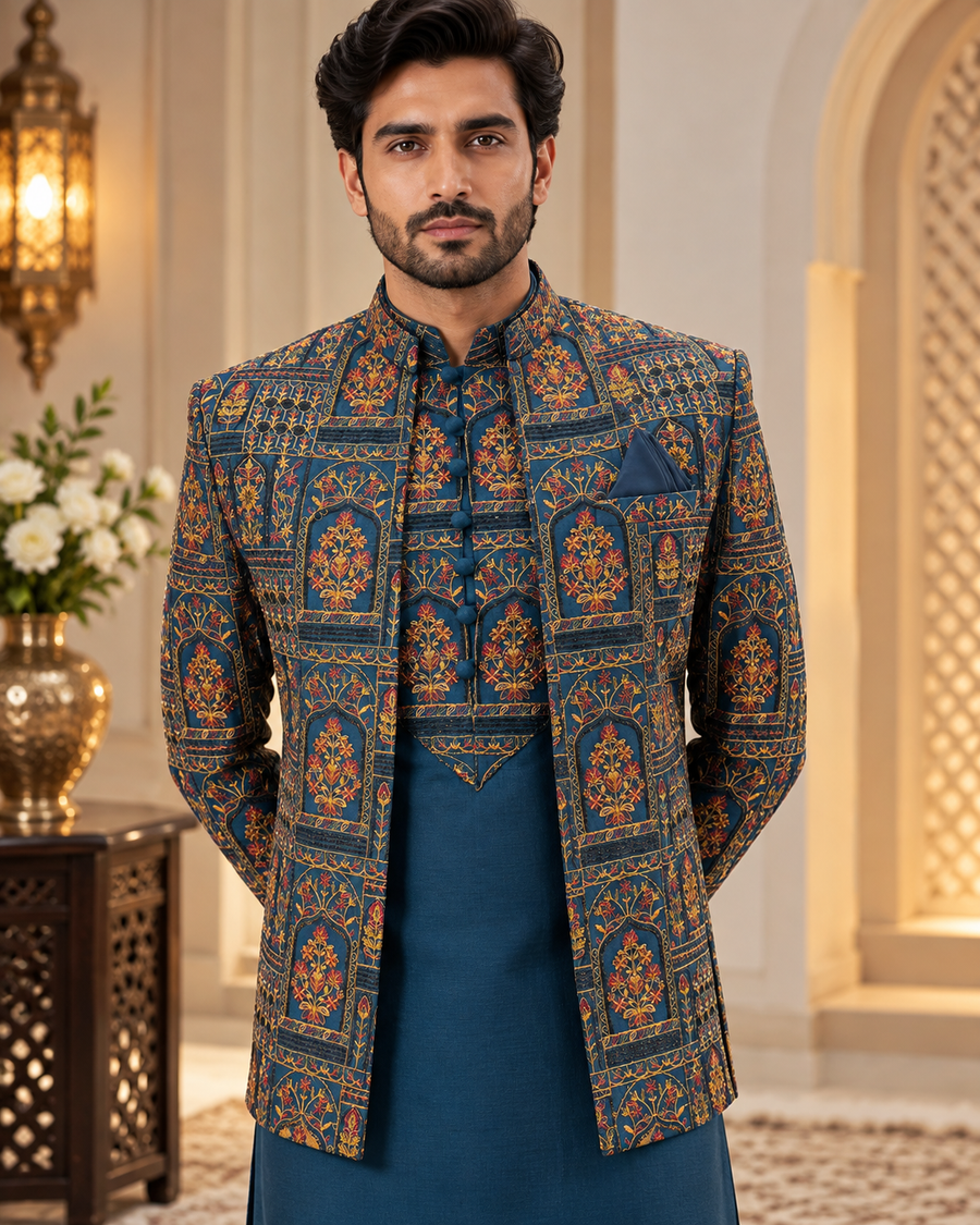 Luxury Blue Embroidered Prince Coat Full Set with Shalwar Kameez & Shoes