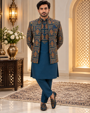 Luxury Blue Embroidered Prince Coat Full Set with Shalwar Kameez & Shoes
