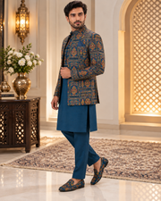 Luxury Blue Embroidered Prince Coat Full Set with Shalwar Kameez & Shoes