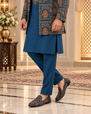 Luxury Blue Embroidered Prince Coat Full Set with Shalwar Kameez & Shoes
