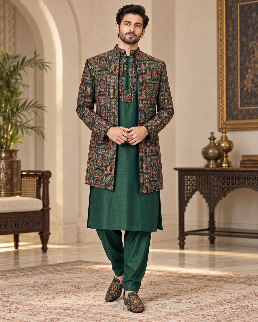 Luxury Emerald Green Embroidered Prince Coat Full Set with Shalwar Kameez & Shoes