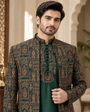Luxury Emerald Green Embroidered Prince Coat Full Set with Shalwar Kameez & Shoes