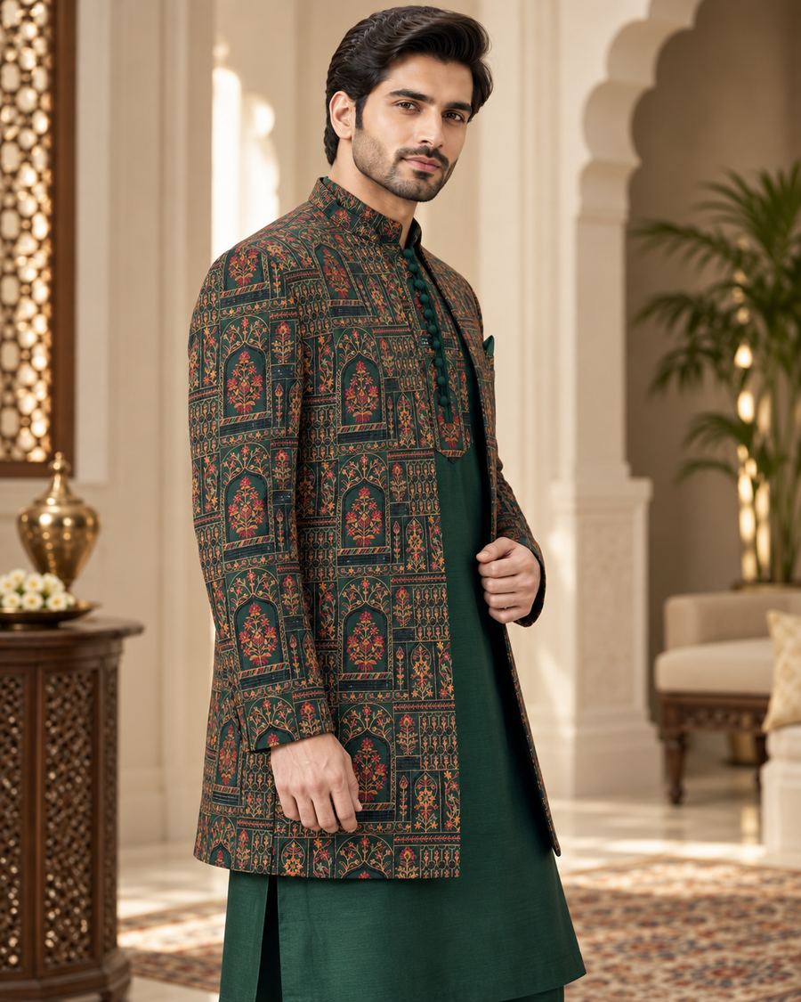 Luxury Emerald Green Embroidered Prince Coat Full Set with Shalwar Kameez & Shoes